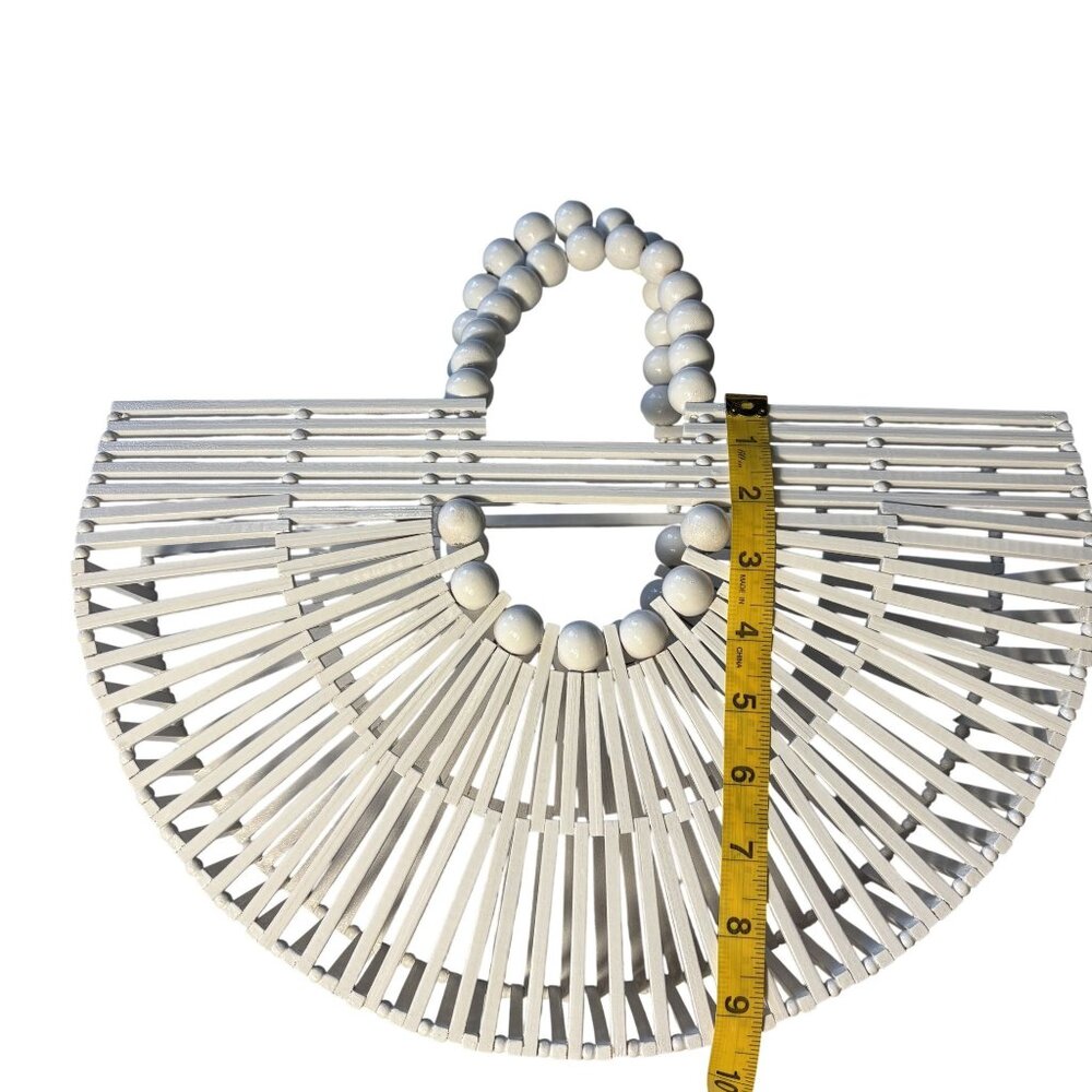 Crochet-Accented Teal Blue Kaftan Dress & White Beaded Bamboo Handbag Set - Picture 4 of 12